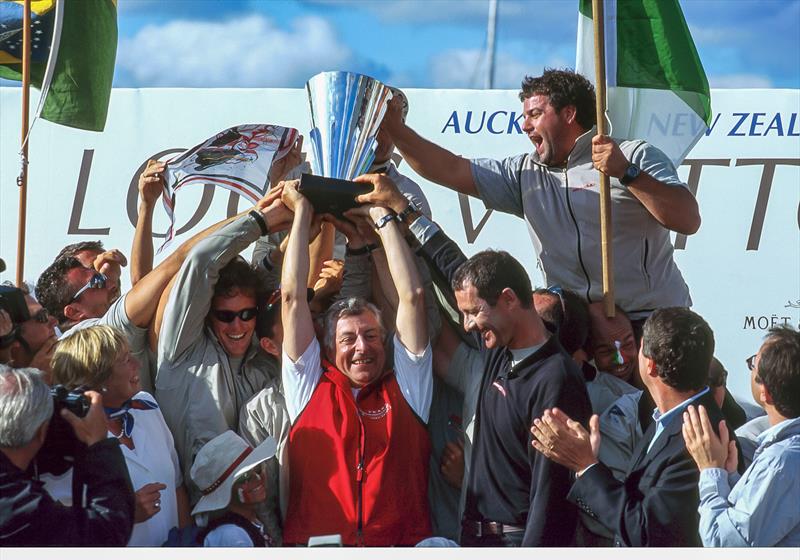 Patrizio Bertelli holds the Louis Vuitton Cup - presentation ceremony Louis Vuitton Cup - Auckland - February 2000 photo copyright Jon Nash/Louis Vuitton Media taken at Royal New Zealand Yacht Squadron and featuring the ACC class