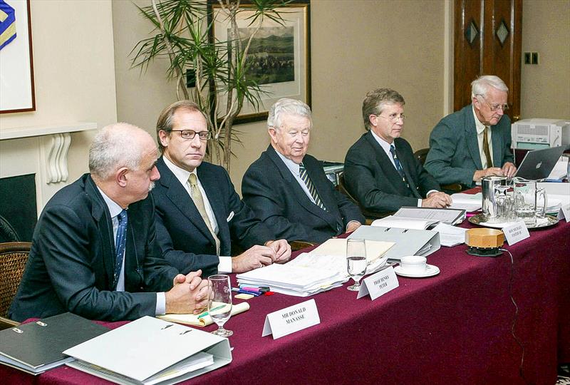 The America's Cup Arbitration Panel (l to r) Mr Donald Manasse, Professor Henry Peter, The Honourable Michael Foster (Chair), Master John Faire, Sir David Tompkins at the Northern Club in Auckland, New Zealand, Sunday, Dec. 8, 2002  photo copyright OceanFashion/AP/Rob Griffith taken at Royal New Zealand Yacht Squadron and featuring the ACC class