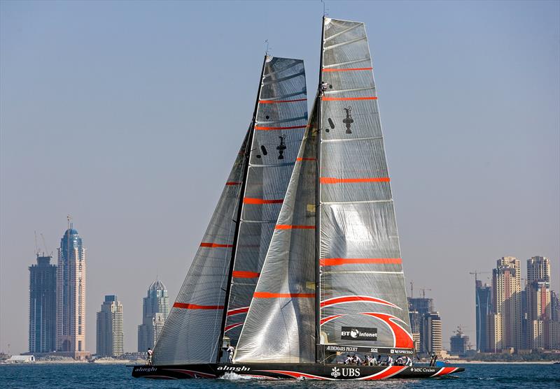 Alinghi Team training in Dubai. SUI64 and SUI91 during prestart of an in house race ; with Dubai city in background photo copyright Th.Martinez/Alinghi taken at  and featuring the ACC class