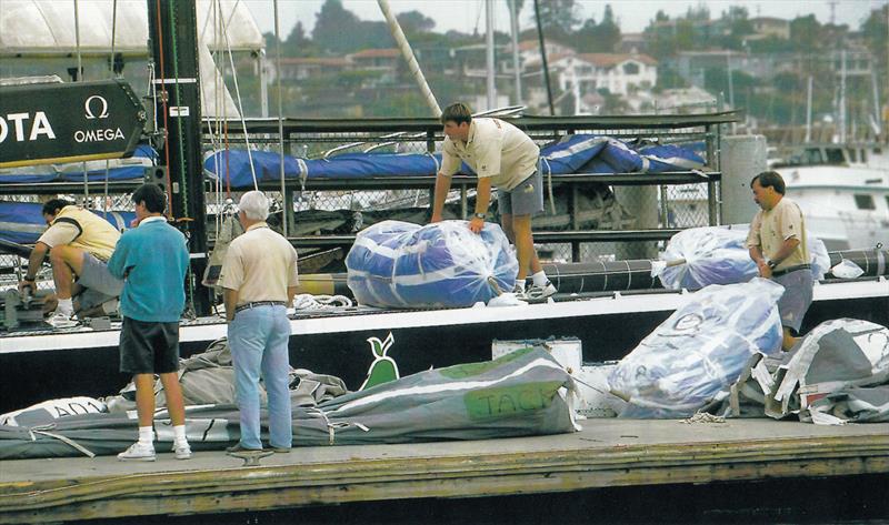 Sail Loading while designer Laurie Davidson watches on - 1995 America's Cup, San Diego, May 13, 1995 - photo © Sally Simins