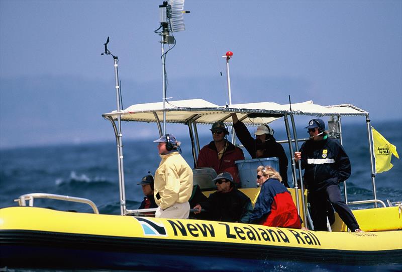 TVNZ Media boat at San Diego - Simon Jennings skipper of NZ rail. Chris Law and PJ Montgomery in the centre. Jane Dent in front with some TVNZ execs photo copyright Montgomery Family Archives taken at San Diego Yacht Club and featuring the ACC class