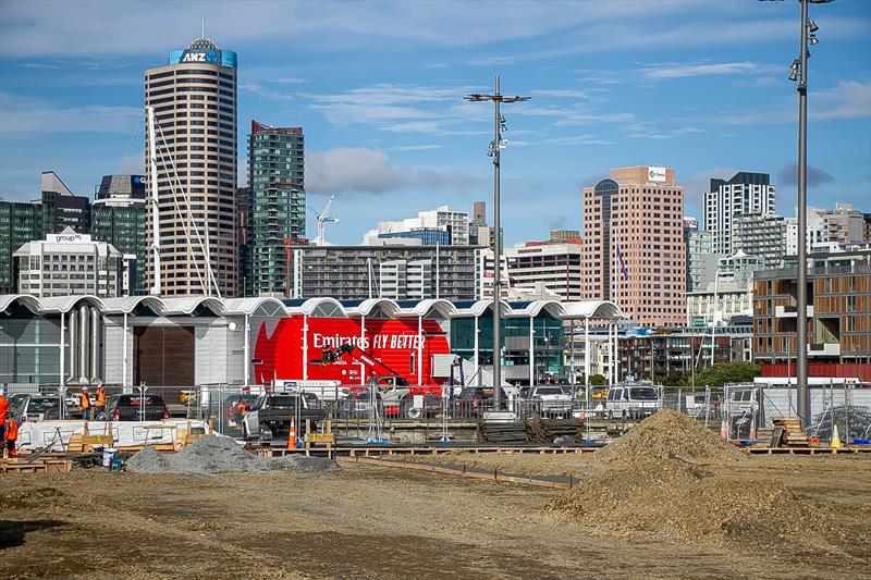 Northern side on INEOS Team UK base, under development, looking across Wynyard Wharf towards Emirates Team NZ base on Auckland City photo copyright Richard Gladwell / Sail-World.com taken at Royal New Zealand Yacht Squadron and featuring the ACC class