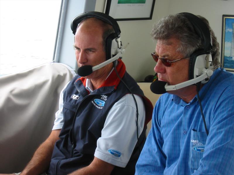 Peter Montgomery and his co-commentator and 2021 ACHoF inductee, Ed Baird, working at the 2003 America's Cup in Auckland. - photo © Montgomery archives