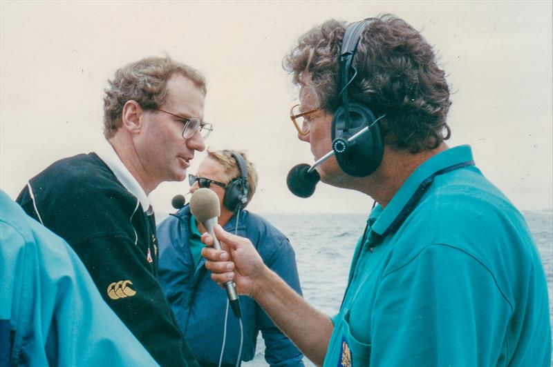 Peter Montgomery with NZL-20 designer, Bruce Farr and co-commentator, Peter Lester in bavckground. - photo © Montgomery archives