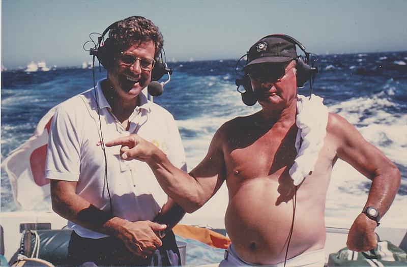 Peter Montgomery with co-commentator, and one of the world's greatest sailors, Buddy Melges (USA) aboard Kookaburra's tender - 1987 America's Cup, Fremantle. - photo © Montgomery archives