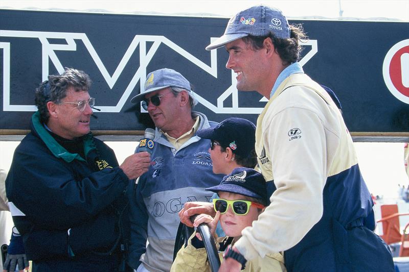 Peter Montgomery interviews Alan Coutts, Russell Coutts father, along with his son, Grayson and a friend. America's Cup win 1995 in San Diego photo copyright Montgomery archives taken at Royal New Zealand Yacht Squadron and featuring the ACC class