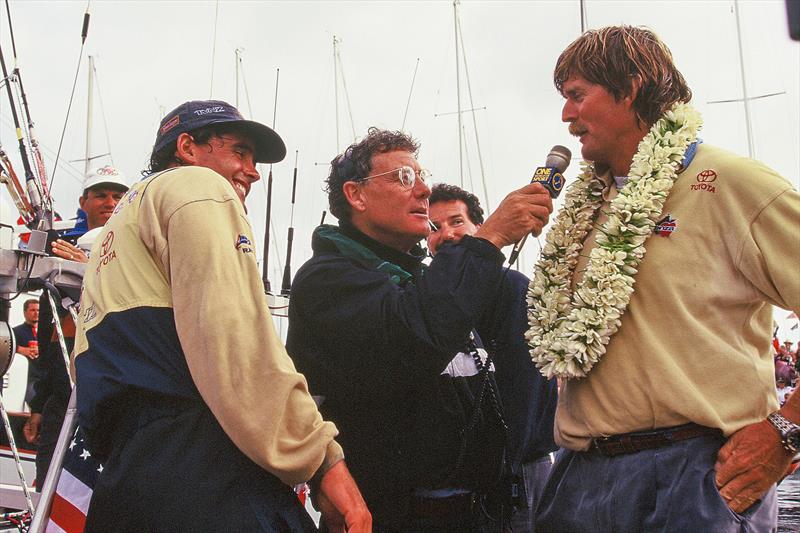 Bruno Trouble (holding champagne) with PJ Montgomery - on Luna Rossa - 2000  Louis Vuitton Cup winners