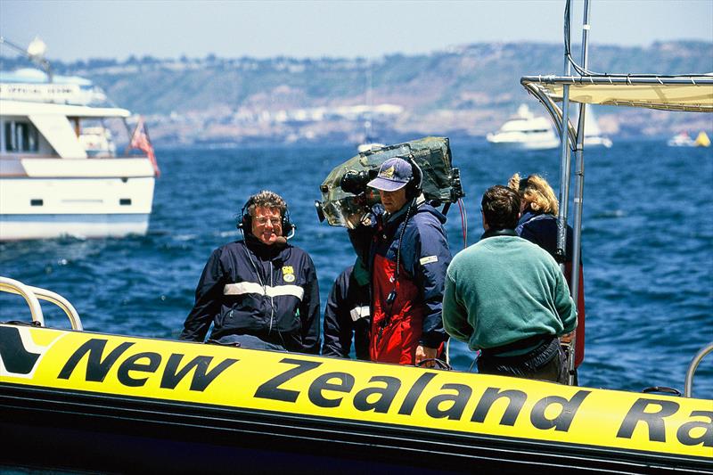 Peter Montgomery aboard the TVNZ commentary boat NZ Rail at the 1995 America's Cup, San Diego photo copyright Montgomery archives taken at Royal New Zealand Yacht Squadron and featuring the ACC class