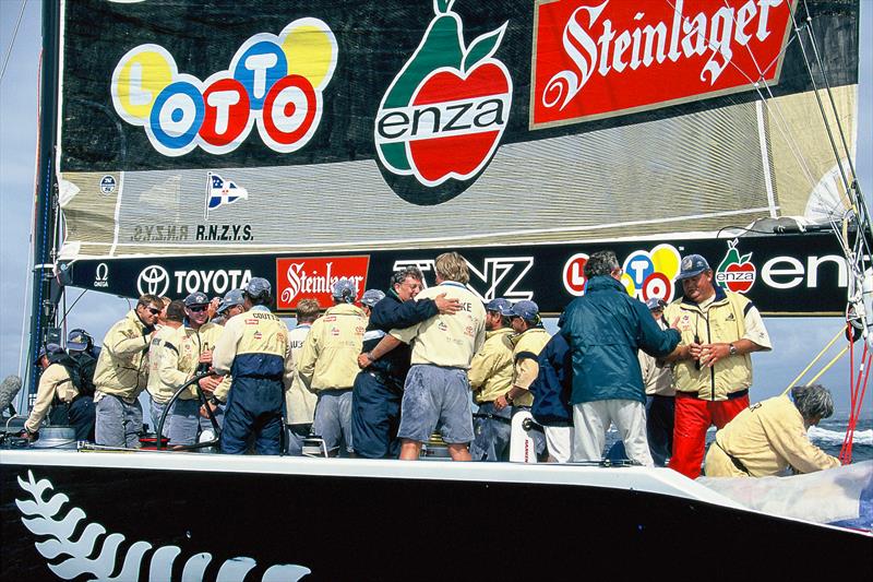 Peter Montgomery congratulates log-time friend Peter Blake after NZL-32 won the 1995 America's Cup in San Diego - photo © Montgomery archives