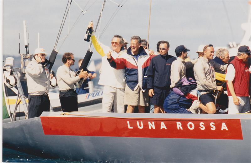 Bruno Trouble (holding champagne) with PJ Montgomery - on Luna Rossa - 2000  Louis Vuitton Cup winners