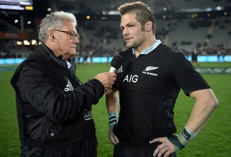 PJ Montgomery does his last sideline interview with All Black great Ritchie McCaw - August 2014 - photo © Andrew Cornaga / www.Photosport.co.nz