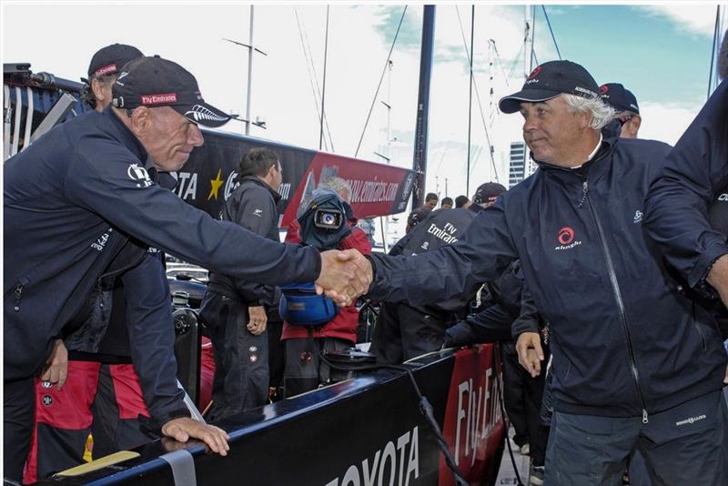 Emirates Team New Zealand's Grant Dalton shakes hands with Brad Butterworth after ETNZ beat Alinghi to win the Louis Vuitton Pacific Series. The two are now on opposite sides of the AC36 organisation - photo © Chris Cameron / ETNZ www.chriscameron.co.nz