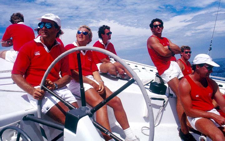 David Barnes at the helm of the Big Boat - KZ-1 - 1988 America's Cup photo copyright Guy Gurney / www.guygurney.com taken at  and featuring the ACC class