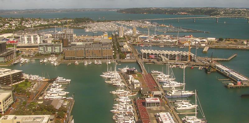 America's Cup Village looking from east to west. Just out of the picture on the lower left hand corner is the Luna Rossa base on Hobson Wharf extension. ETNZ base is the ripple-roofed building in the centre; Media Centre to the right. USA/GBR bases behind photo copyright Takeabreak taken at Royal New Zealand Yacht Squadron and featuring the ACC class