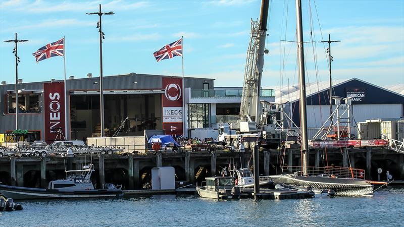 The Union Jack flies high mid-evening at the INEOS Team UK - Prada Cup Finals - Day 4 - February, 21, - America's Cup 36 - photo © Richard Gladwell / Sail-World.com / nz