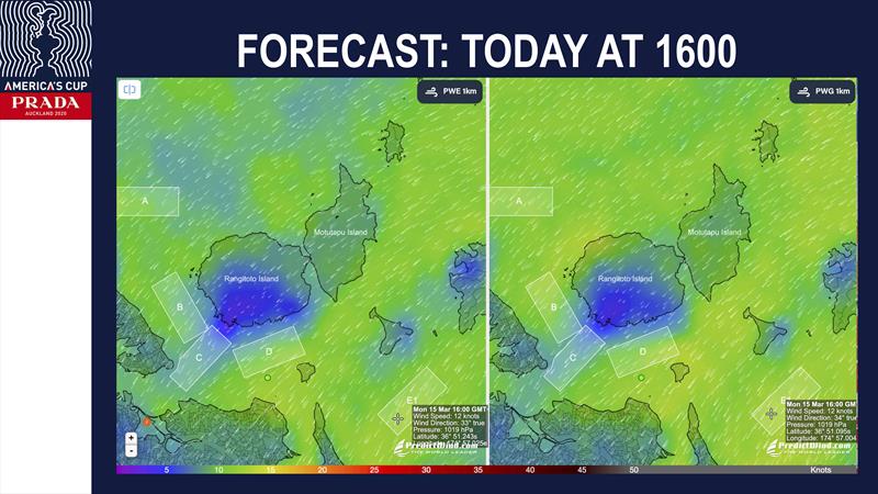 Forecast for 1600 hrs across all course options - Regatta Director Briefing - Day 5 AC36 Match - photo © Richard Gladwell / Sail-World.com