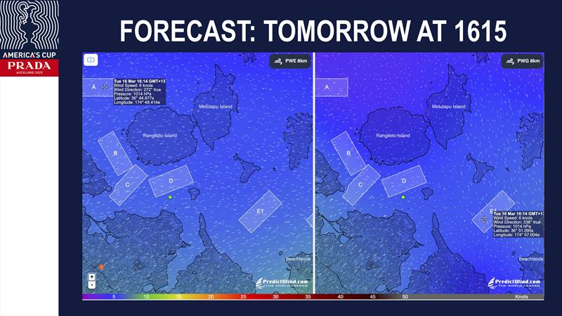 Forecast for 1615 hrs across Course E - Regatta Director Briefing - Day 5 AC36 Match  photo copyright Richard Gladwell / Sail-World.com taken at Royal New Zealand Yacht Squadron and featuring the ACC class
