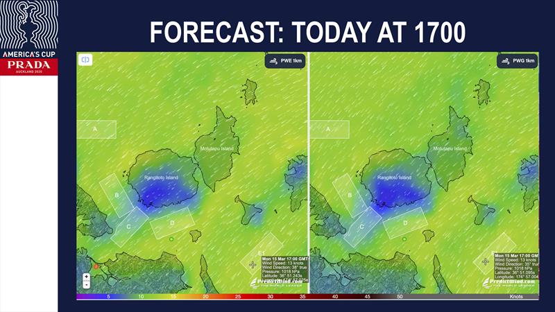Forecast for 1700hrs across Course E - Regatta Director Briefing - Day 5 AC36 Match - photo © Richard Gladwell / Sail-World.com