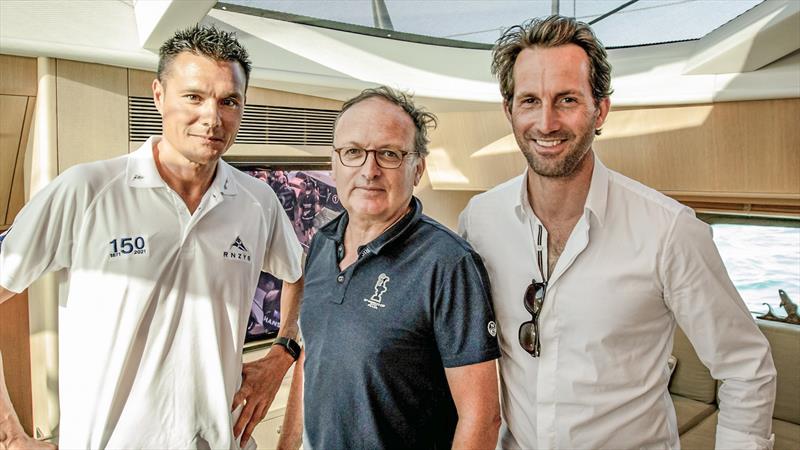 (R-L) Aaron Young, Commodore of the Royal New Zealand Yacht Club, Bertie Bicket, Chairman of Royal Yacht Squadron Racing and Sir Ben Ainslie, Team Prinicipal of INEOS Team UK onboard Imagine - photo © INEOS Team UK/RSYS
