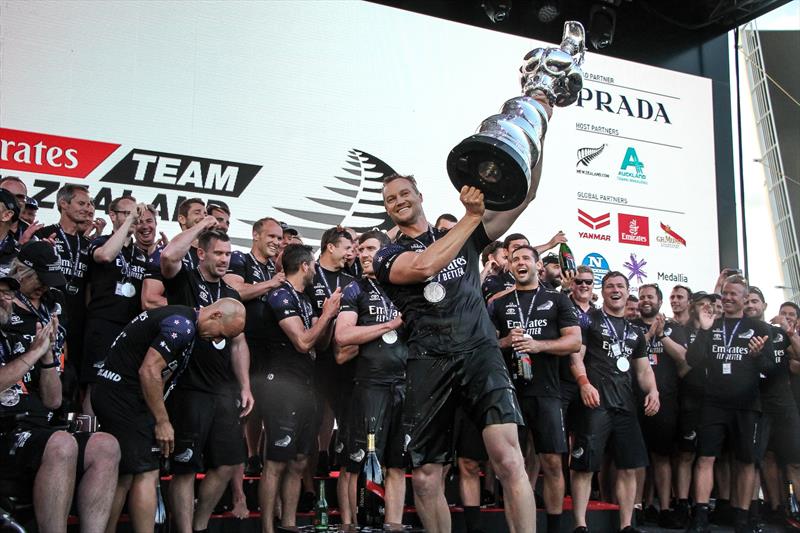 Grinder Steven Fergusson lifts the Cup high - Emirates Team NZ - America's Cup - Day 7 - March 17, 2021 - photo © Richard Gladwell / Sail-World.com