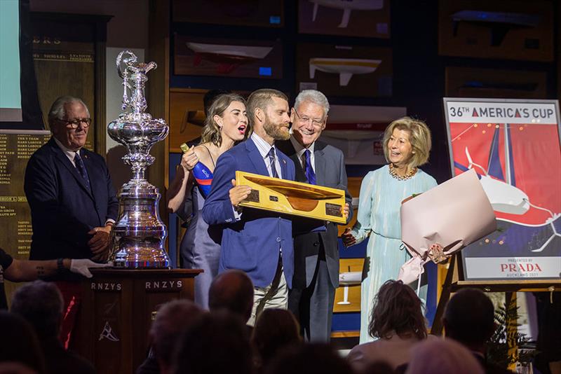 Jonny Montgomery, Kate Montgomery, Peter Montgomery, Claudia Montgomery with Bruno Trouble - 2021 America's Cup Hall of Fame Induction Ceremony, March 19, 2021 - Royal New Zealand Yacht Squadron photo copyright Gilles Martin-Raget taken at Royal New Zealand Yacht Squadron and featuring the ACC class