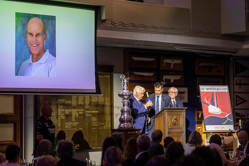 Ed Baird on screen with Brad Butterworth, Aaron Young and Bruno TRouble - 2021 America's Cup Hall of Fame Induction Ceremony, March 19, 2021 - Royal New Zealand Yacht Squadron - photo © Gilles Martin-Raget