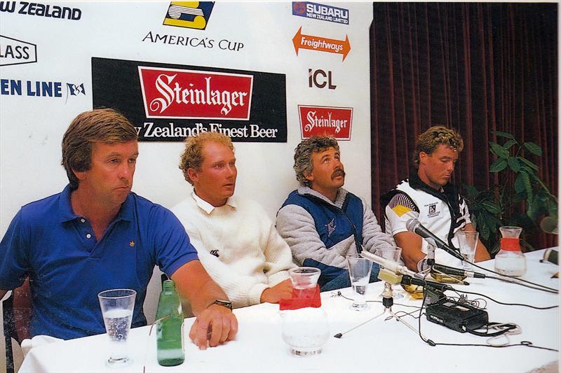 A character forming time as (from left) Michael Fay, Chris Dickson, Brad Butterworth and Erle Williams face the media after Race Four of the 1987 Louis Vuitton Cup  where the Kiwis were down 3-1, with one race potentially left in the regatta.  - photo © Bruce Jarvis