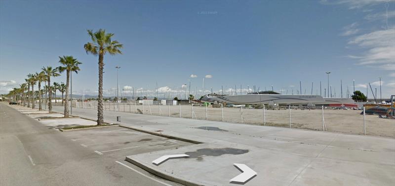 Street level view of the proposed AC37 base area at Valencia - Alinghi 5 is in the background along with its mast and an IACC hull - photo © Google Earth