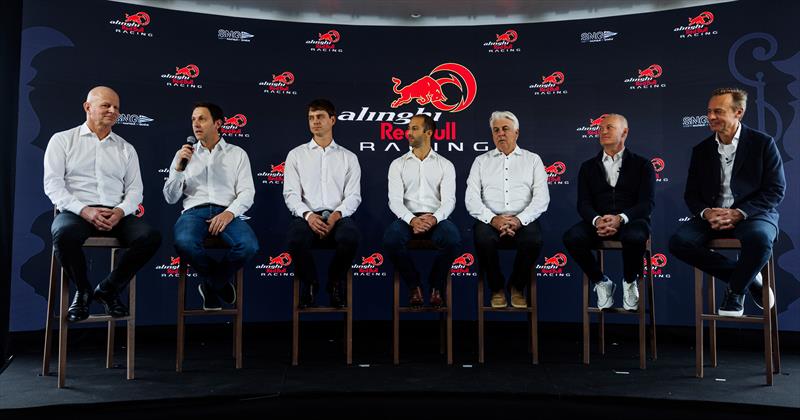 (R to L) Ernesto Bertarelli, Hans-Peter Steinacher, Brad Butterworth, Arnaud Psarofaghis, Bryan Mettraux, Silvio Arrivabene, Pierre-Yves Jorand of Alinghi Red Bull Racing  photo copyright Red Bull Media taken at Société Nautique de Genève and featuring the ACC class