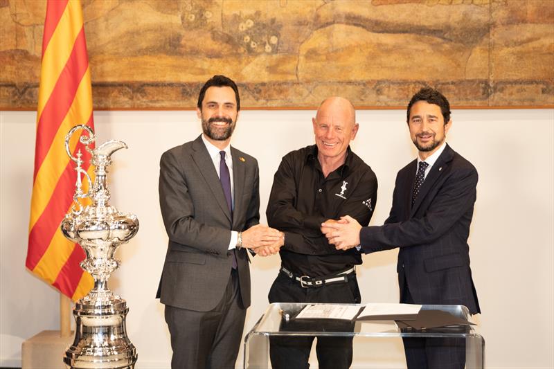 (L to R) Roger Torrent, Minister of Business & Labour of the Government of Catalonia. Grant Dalton. Damiá Calvet, President of the Port of Barcelona photo copyright Maria Muina taken at Royal New Zealand Yacht Squadron and featuring the ACC class