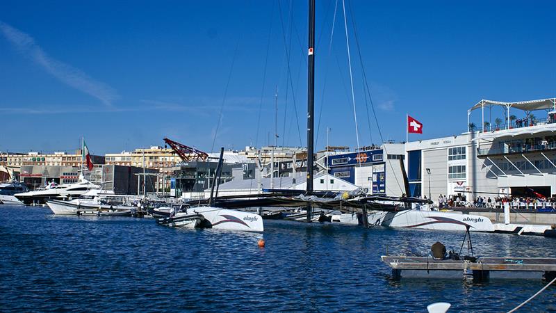 Alinghi outside the Swiss base - 2010 America's Cup photo copyright Richard Gladwell - Sail-World.com/nz taken at Société Nautique de Genève and featuring the ACC class