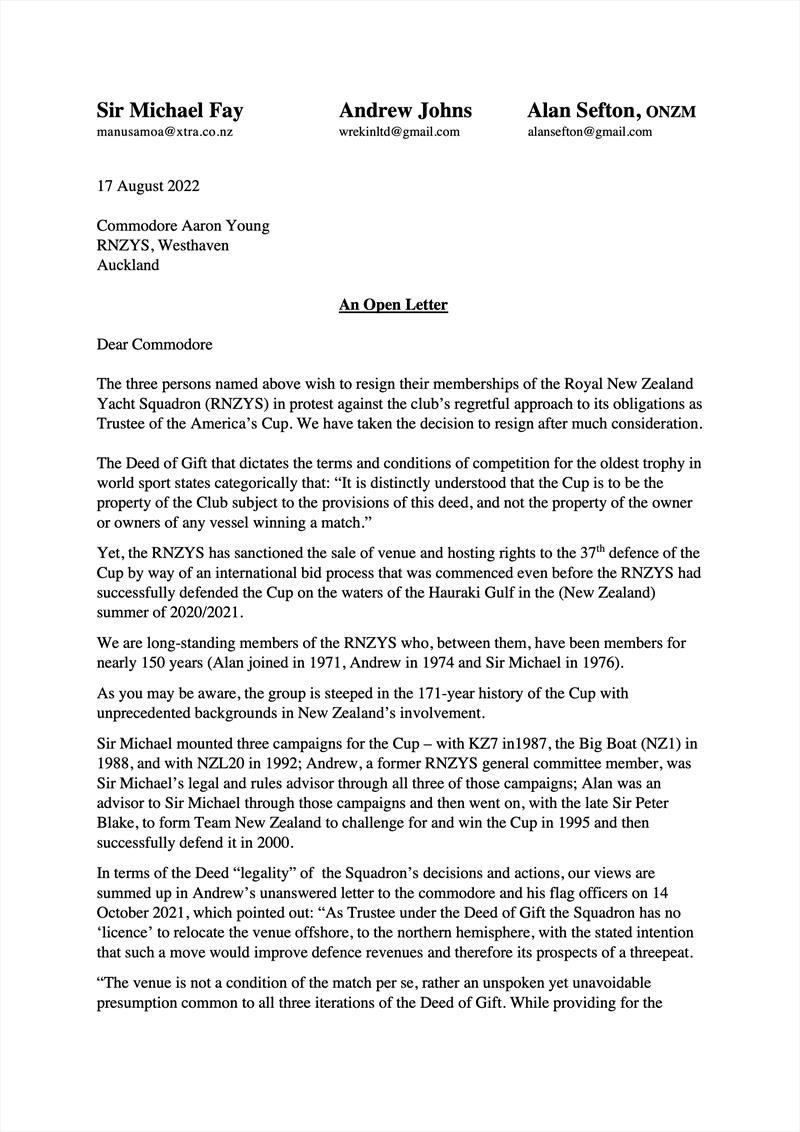 Page 1 - Letter of Resignation from RNZYS by Michael Fay, Andrew Johns and Alan Sefton - August 20, 2022 - photo © Fay Johns Sefton