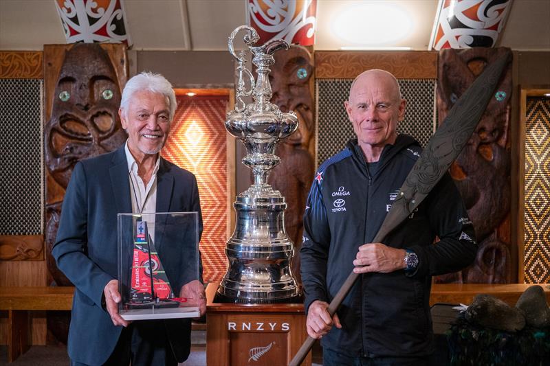 Emirates Team New Zealand CEO Grant Dalton and Ngati Whatua Orakei kaumatua Alec Hawke beside the America's Cup  - September 29, 2022 photo copyright Emirates Team New Zealand taken at Royal New Zealand Yacht Squadron and featuring the ACC class