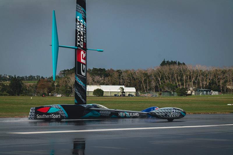 Emirates Team New Zealand's wind powered land speed craft Horonuku is tested at RNZAF base Whenuapai photo copyright Hamish Hooper / Emirates Team New Zealand taken at Royal New Zealand Yacht Squadron and featuring the ACC class