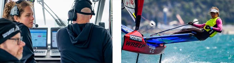 Elise Beavis on board the ETNZ Chase Boat (left) and winning the Womens WASZP World title (right) photo copyright ETNZ and James Tomlinson taken at Royal New Zealand Yacht Squadron and featuring the ACC class