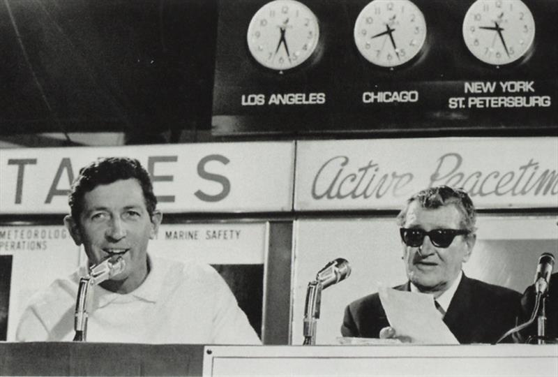 Jim Hardy takes over the microphone from Sir Frank Packer - Post race media conference 1970 America's Cup - photo © Paul Darling