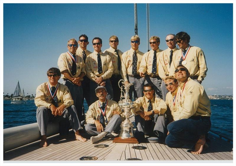 The crew of Black Magic NZL32 on the J-Class Endeavour the day after winning the America's Cup in 1995. Front row, from left: Murray Jones, Tom Schackenberg, the America's Cup, Dean Phipps, Simon Daubney, Craig Monk. Standing, from left: Robbie Naismith,  photo copyright Emirates Team New Zealand taken at Royal New Zealand Yacht Squadron and featuring the ACC class