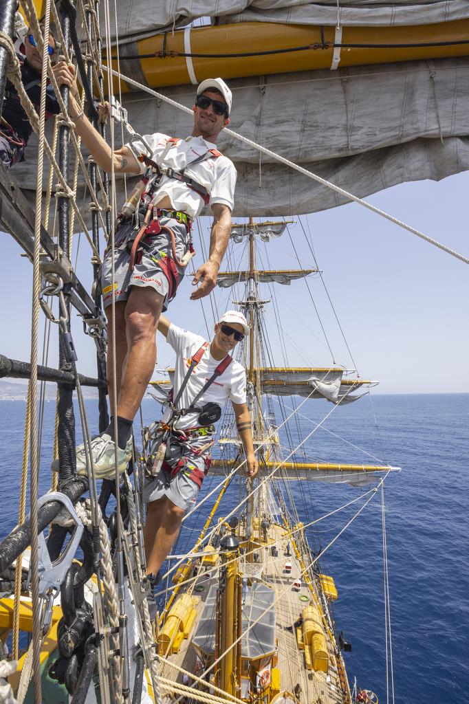 Luna Rossa Prada Pirelli meet with the Italian Navy's Amerigo Vespucci off the coast of Barcelona - July 9, 2023 photo copyright Francesco Ferri taken at Circolo della Vela Sicilia and featuring the ACC class