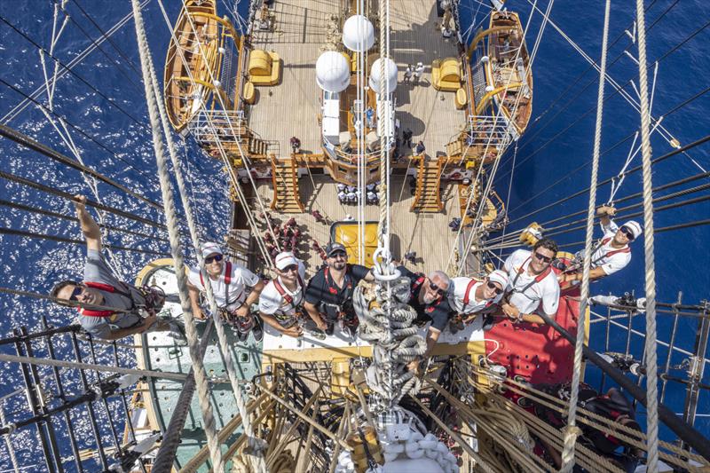 Luna Rossa Prada Pirelli meet with the Italian Navy's Amerigo Vespucci off the coast of Barcelona - July 9, 2023 - photo © Francesco Ferri