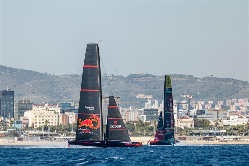 Emirates Team NZ and Alinghi Red Bull Racing - America's Cup Barcelona, October 2023 photo copyright America's Cup Media taken at Real Club Nautico de Barcelona and featuring the ACC class