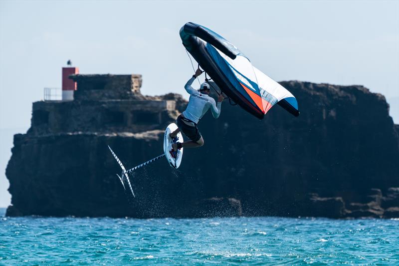 Nathan Outteridge jumping high during a wing foiling session in Tarifa, Spain. - photo © Beau Outteridge