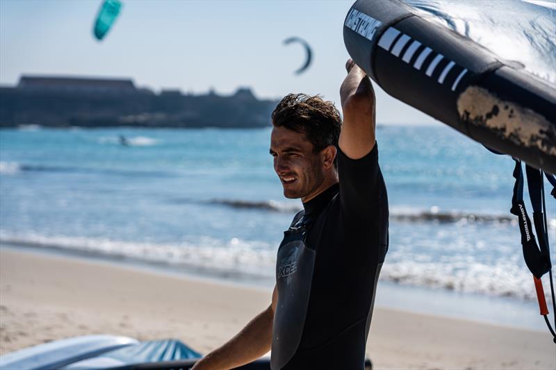 Blair Tuke holding wing after wing foiling session in Tarifa, Spain photo copyright Beau Outteridge taken at Real Club Náutico de Palma and featuring the  class