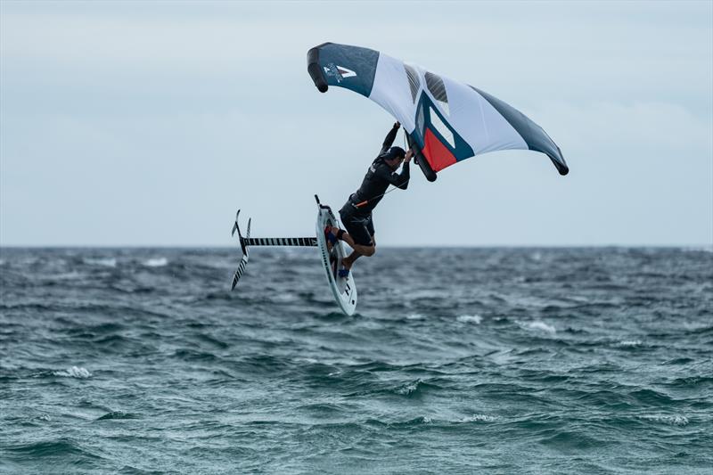 Nathan Outteridge jumping during wing foiling session in Tarifa, Spain photo copyright Beau Outteridge taken at Real Club Náutico de Palma and featuring the  class