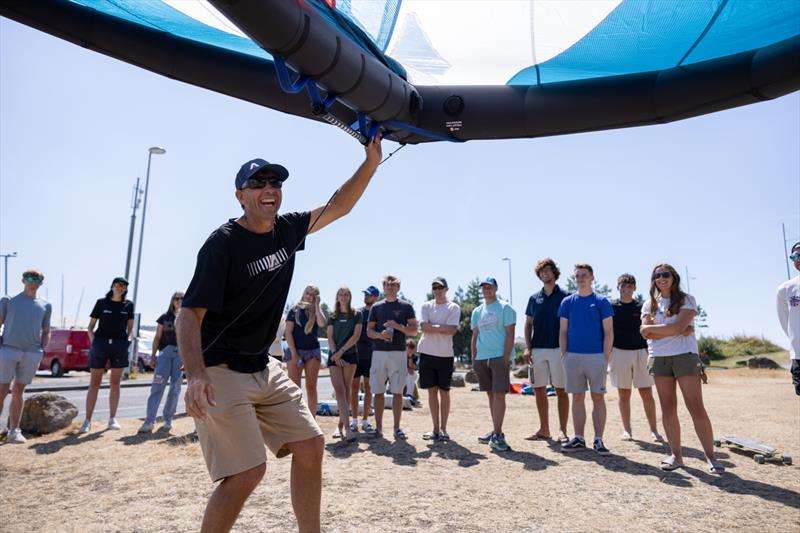 Young sailors in the SailGP Inspire program learn about Wing foiling ahead of the Great Britain Sail Grand Prix | Plymouth in Plymouth, England. 29th July photo copyright Felix Diemer/SailGP taken at Royal New Zealand Yacht Squadron and featuring the  class