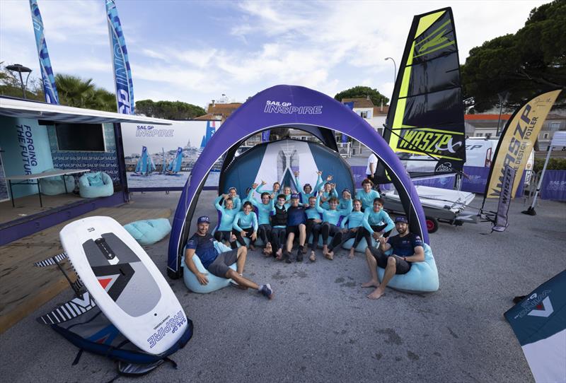 Jimmy Spithill, Paul Campbell-James and Andrew Campbell of the USA SailGP team with young sailors on the Inspire Racing x WASZP program after a wing foiling session ahead of the Range Rover France Sail Grand Prix in Saint Tropez, France. 7th September - photo © Felix Diemer/SailGP