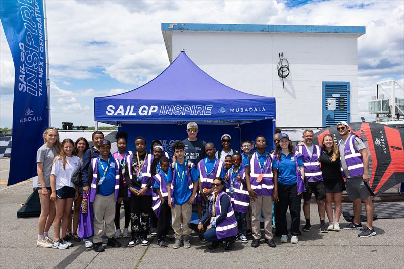 Stuart Bithell  wing trimmer Emirates GB with young guests at the SailGP Inspire STEM City Activation ahead of the Mubadala New York Sail Grand Prix - May 28, 2026 - photo © Kieran Cleeves/SailGP