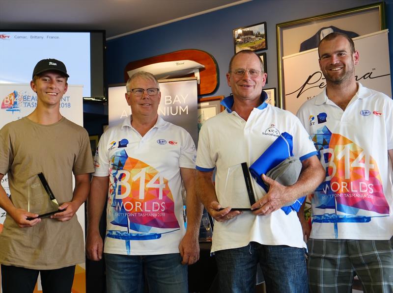 Prize giving time during the B14 Australian Nationals at Bell Bay, Tasmania photo copyright Steve Miller taken at Port Dalrymple Yacht Club and featuring the B14 class