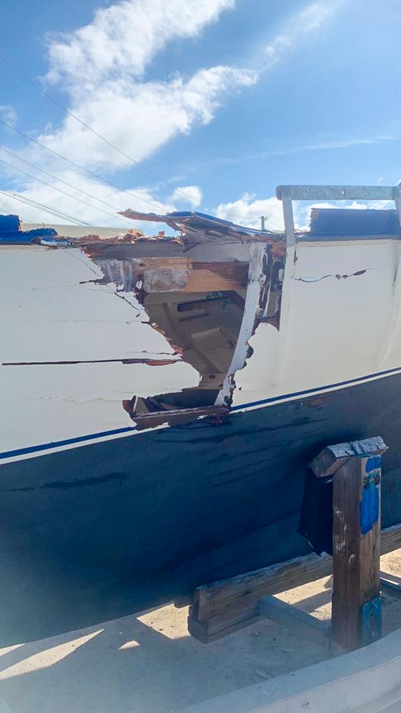 Damage to sloop Tari Anne after the collision with Lonesome Dove photo copyright Exuma Sailing Club taken at  and featuring the Bahamian Sloop class