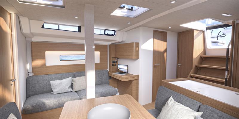 Dining table, settee and nav desk - Beneteau First 44 photo copyright Beneteau taken at  and featuring the Beneteau class