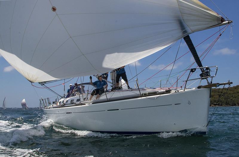 Ian Creak and the crew of Ausreo powering back down the harbour under a very shy symmetrical spinnaker - photo © John Curnow